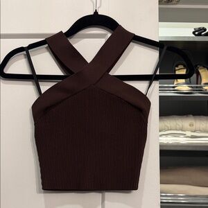 Aritzia Chocolate Brown Cross-Strap Ribbed Crop Top